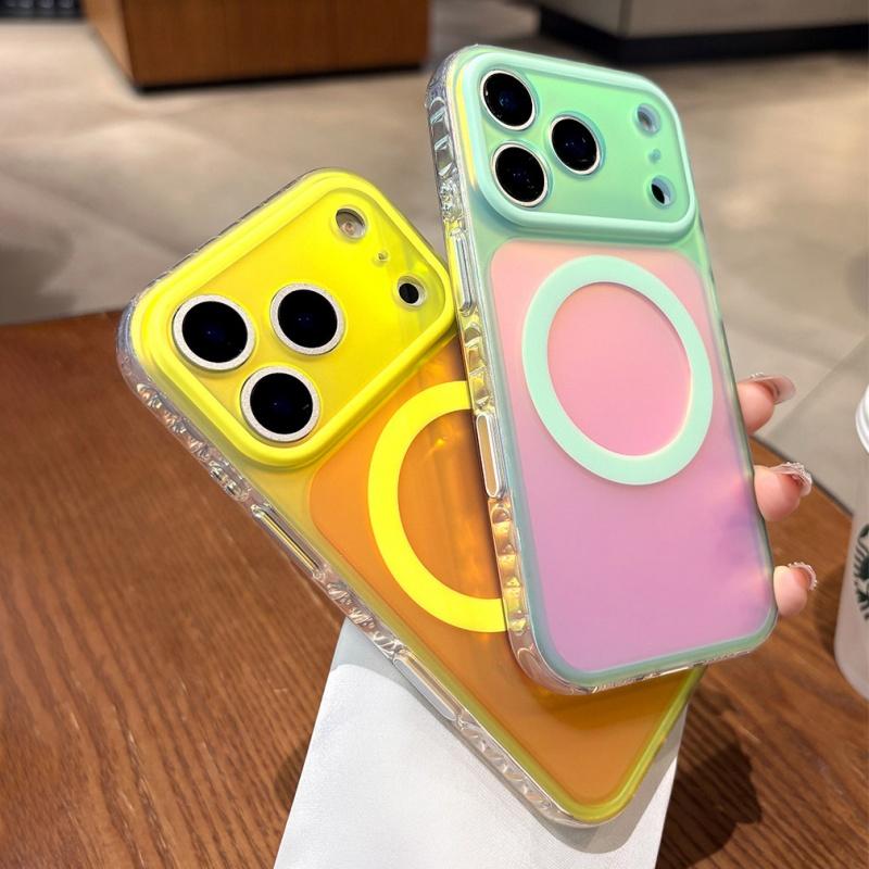 Luxury Laser Aurora Gradient For Magsafe Phone Case For iPhone 15 16 17 Pro Max Magnetic Wireless Charging Hard PC Bumper Cover