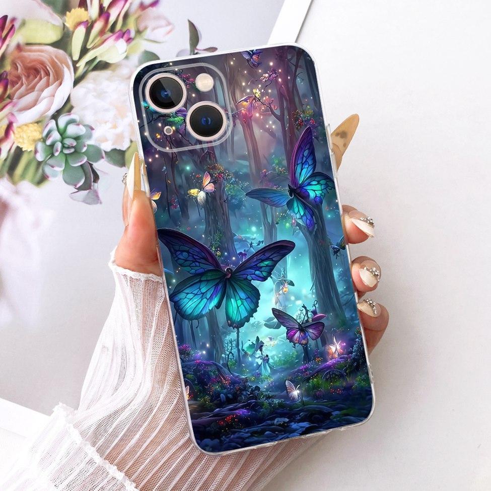 Transparent For iPhone 13 Case Cover Cute Cat Fashion Butterfly Funny Painted Casing A2633 A2482 A2631 A2634 A2635