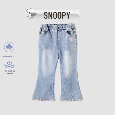 Girls' Pearl Pink Lace-Trimmed Elastic Waist Jeans