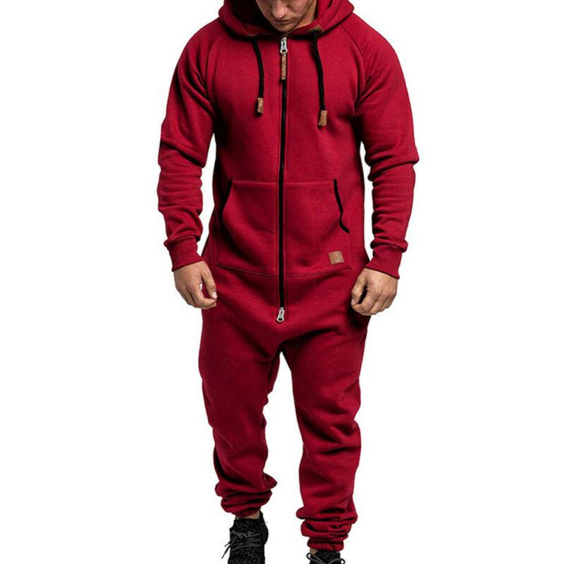 Zipped Up Men One Pieces Hooded Jumpsuit Solid Color Long Sleeve Winter Warm Casual Tracksuit