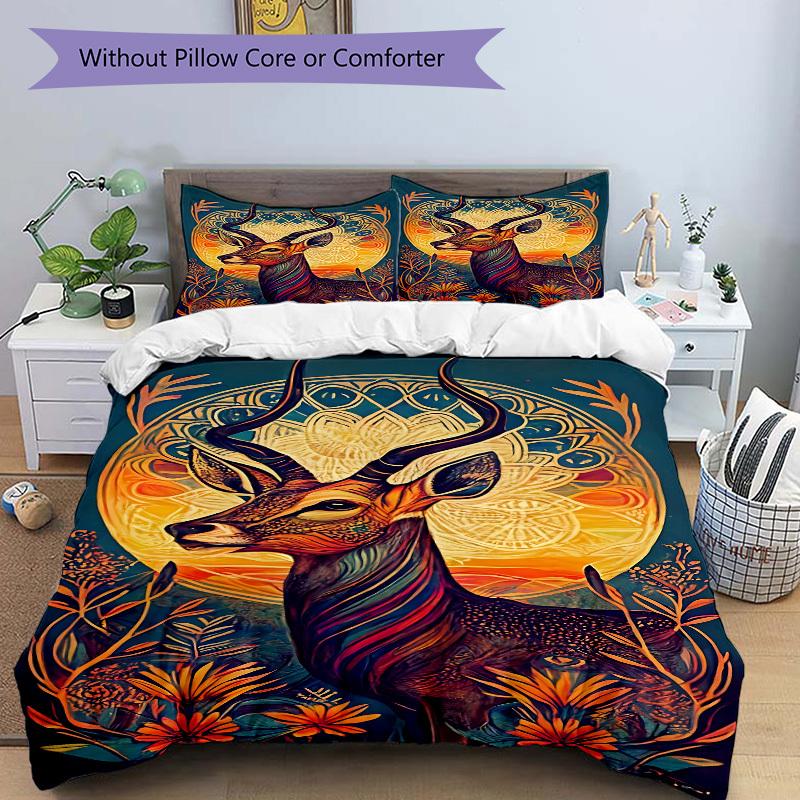3pcs Deer Mandala Artwork Bedding Set - 1 Duvet Cover + 2 Pillowcases(Core Not Included), Machine Washable Polyester yy251216109