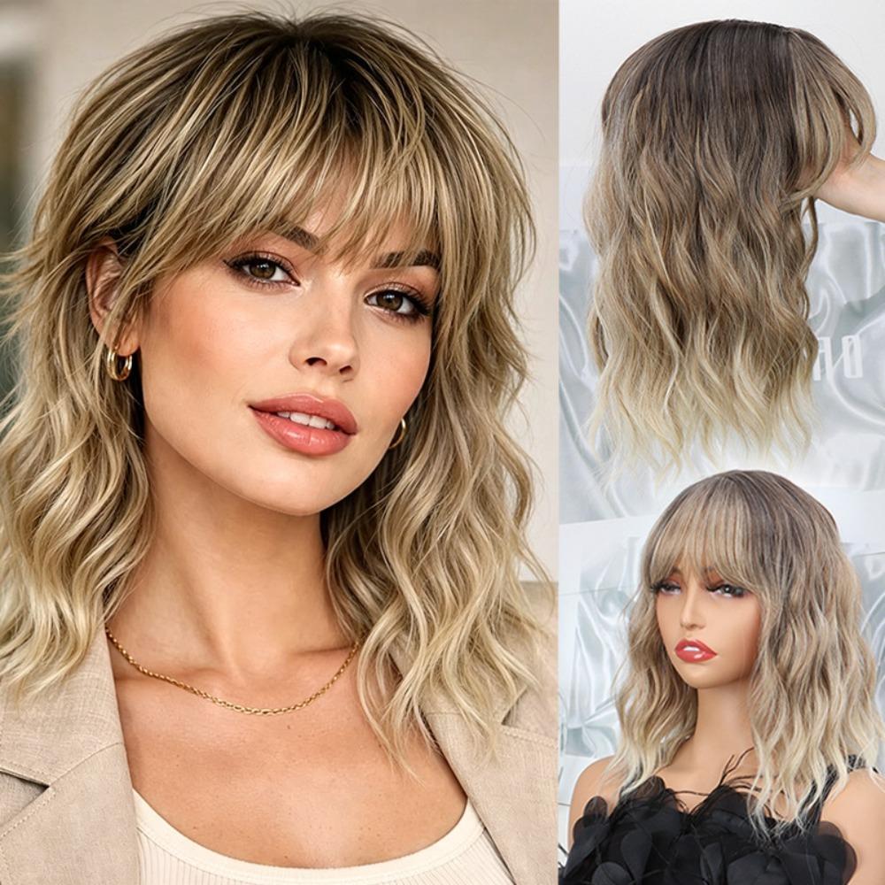 Natural Short Wavy Wig Gradient Clip-In Bangs Extension for Added Volume, Coverage, And Blend