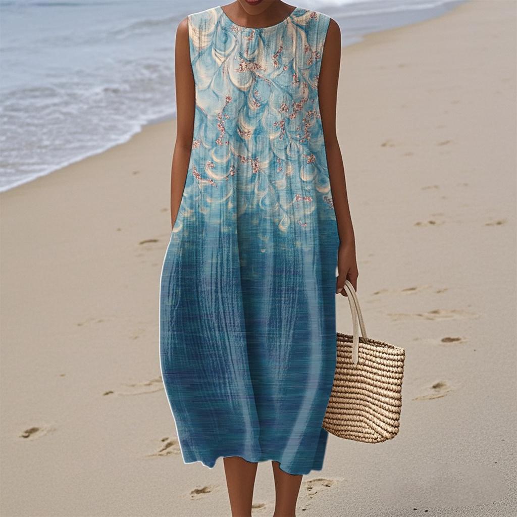 Женское модное повседневное платье без рукавов с круглым вырезом и цветочным принтом, элегантное, темпераментное