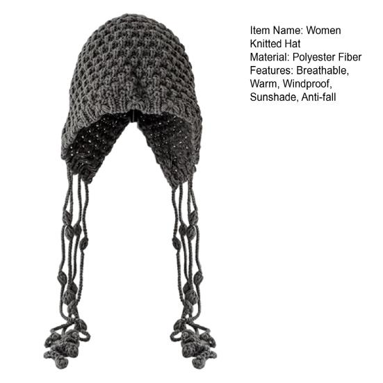 Women Crochet Slouchy Skull Cap with Tassel Handwoven Textured Knit Hat Ethnic Style Fringed Hat for Autumn Winter