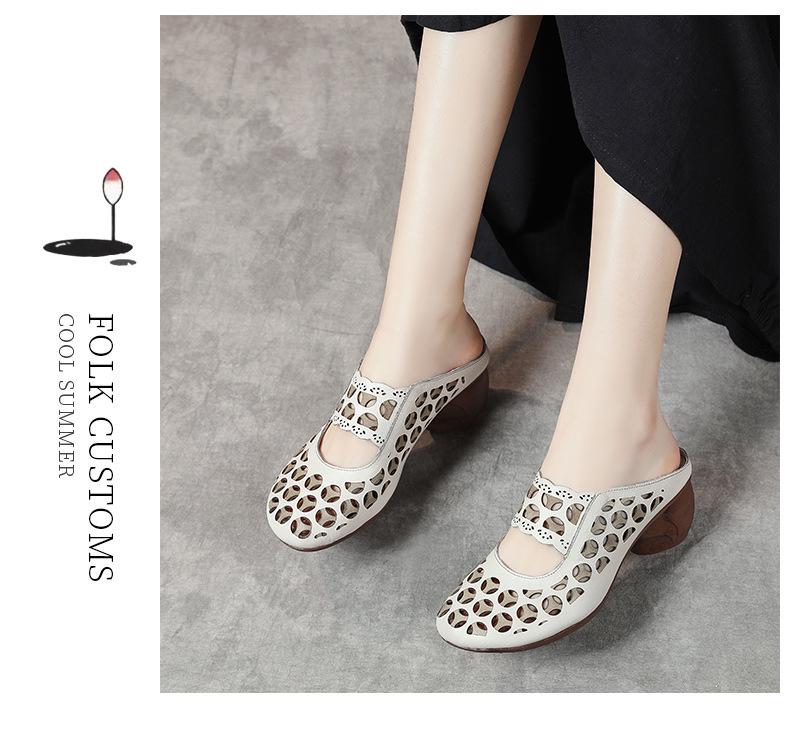 Женские шлепанцы Baotou из натуральной кожи на среднем каблуке в этническом стиле - Летние 2025 с полыми сандалиями на мягкой подошве