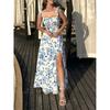 Women's Summer Floral Printed Square Collar High Slit Back Strap Sexy Dress Vacation Elegant Long Dress
