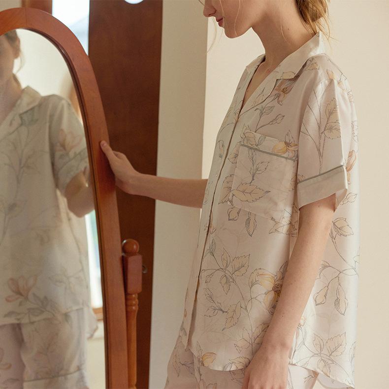 Summer Lyocell Tencel lapel short-sleeved pajama set women's flower print loungewear can be worn outside