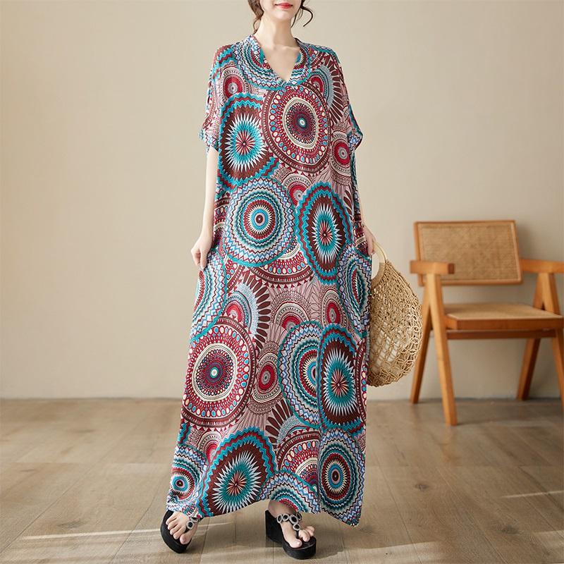 Short Sleeve Plus Size Cotton Satin Vintage Floral New In Dresses for Women Casual Loose Maxi Long Summer Dress