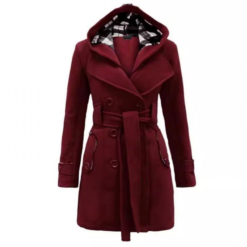 Plaid Hooded Wool Blend Coat Double-Breasted Belted Long Winter Overcoat Women
