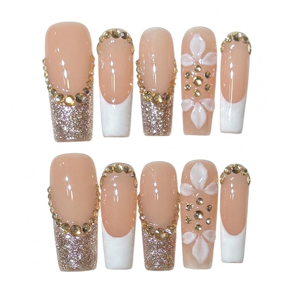 10Pcs Coffin Shaped French Gold Nail Tips with Champagne Rhinestones for Party Wedding