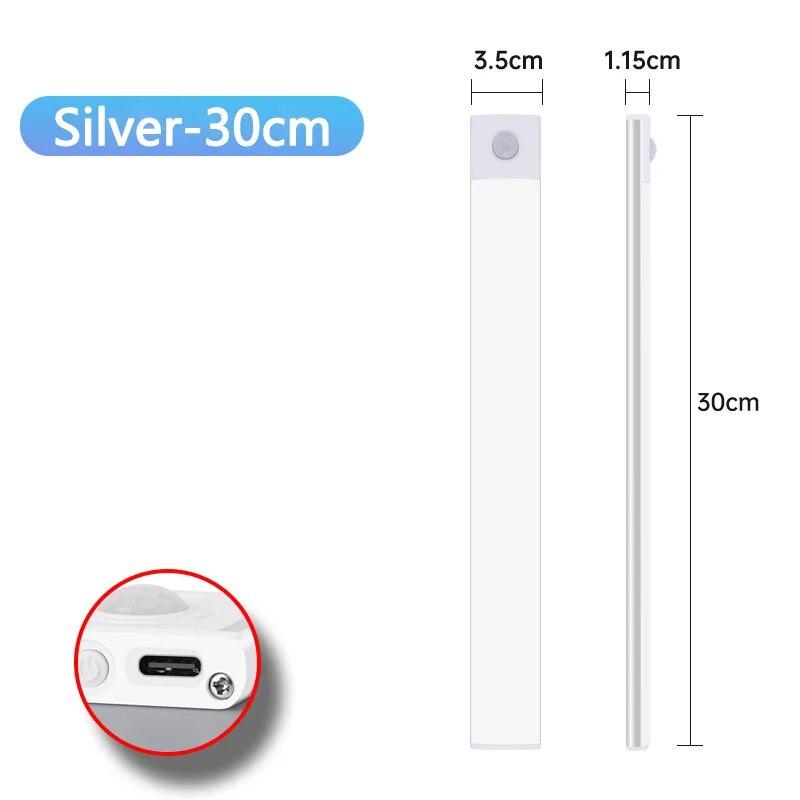 Светодиодная лампа для шкафа USB Type-C, перезаряжаемая, с датчиком движения, светодиодная лампа для кухонного шкафа, освещение шкафа 20 см/30 см/40 см/50 см/60 см