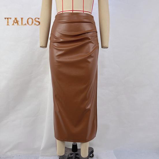 Юбка миди из искусственной кожи, женская универсальная однотонная облегающая юбка с разрезом и плиссированным дизайном, повседневная одежда