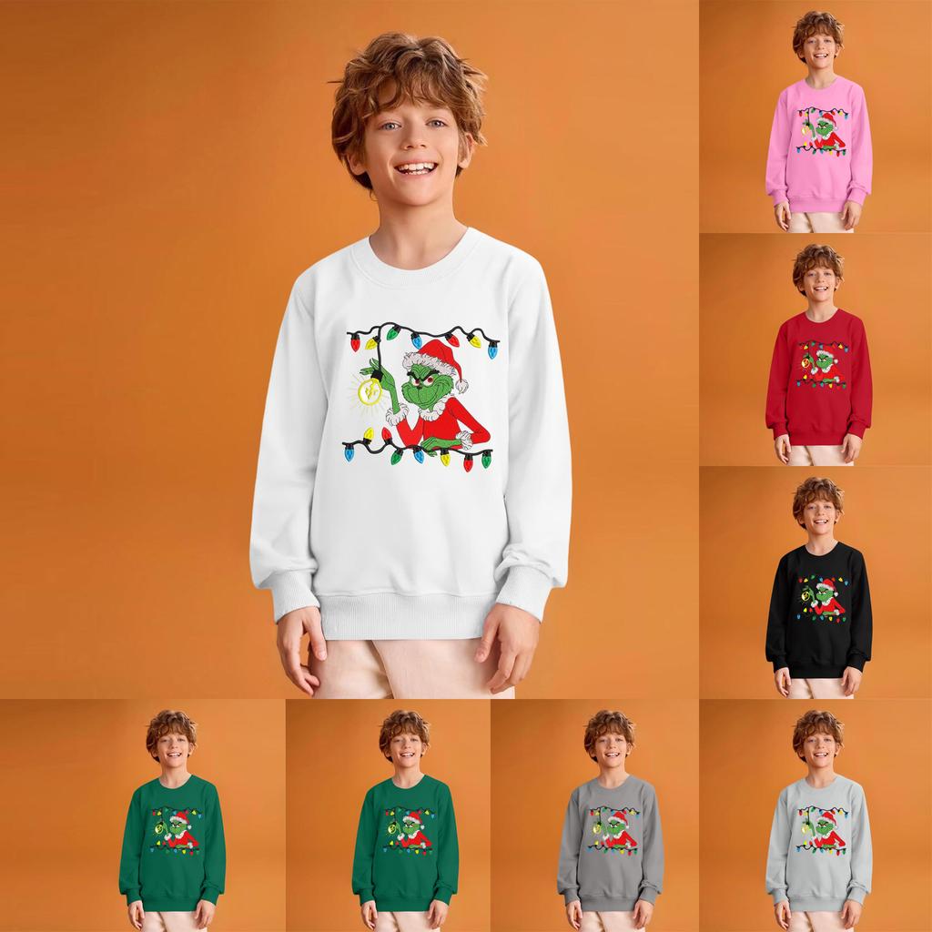 Kids' Fashion Loose-Fit Casual Long-Sleeve Christmas Print Oversized Crewneck Sweatshirt