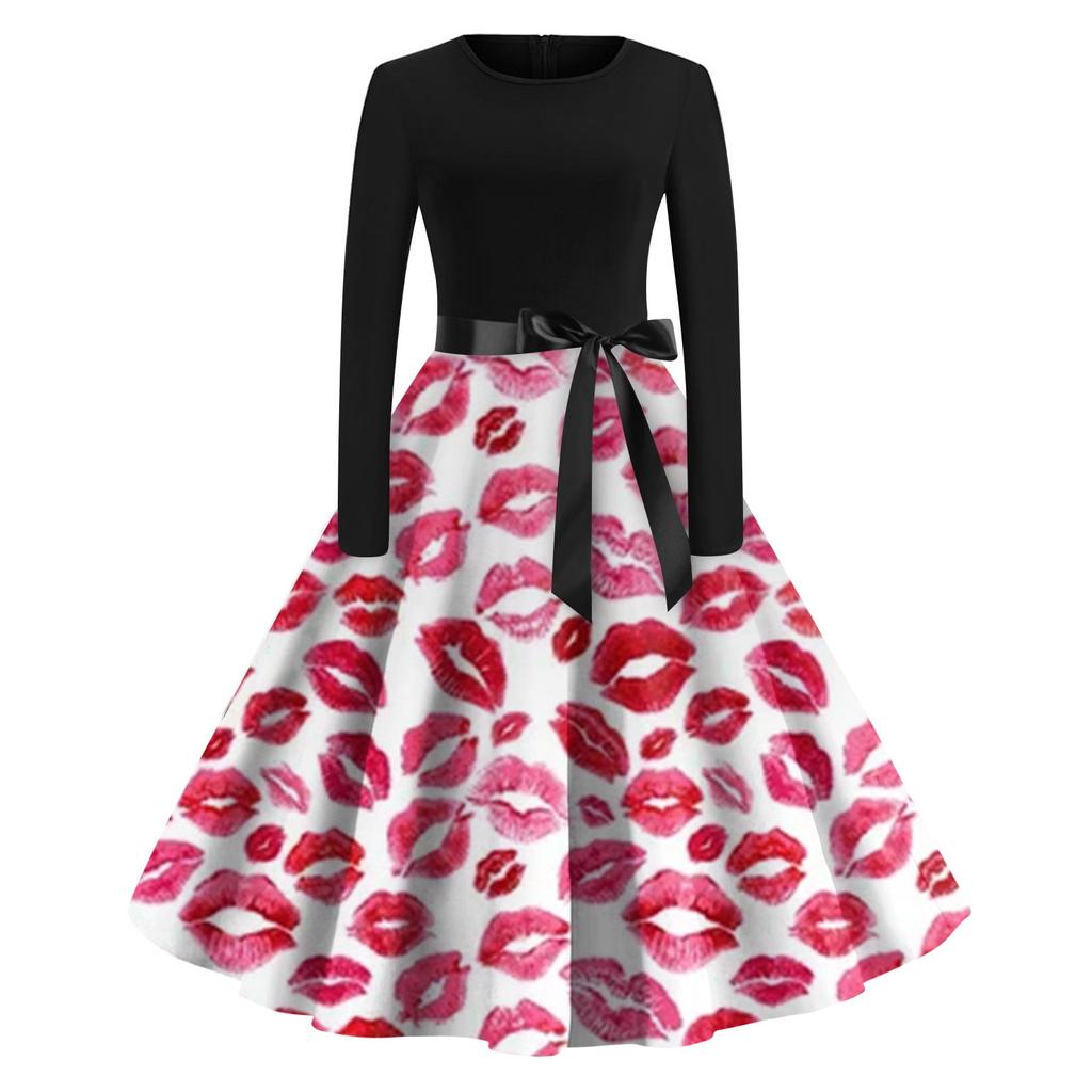 Женское винтажное классическое платье с длинным рукавом и принтом на День святого Валентина, свободное платье с круглым вырезом