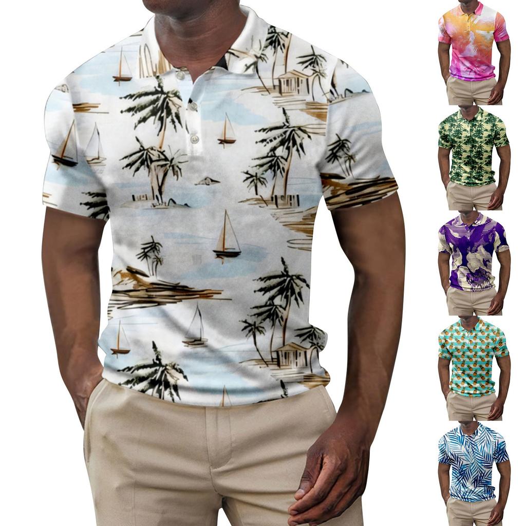 Men's Summer Hawaii Printed Golf Shirt Botton Short Sleeve Top Men's Casual Fashion Shirt