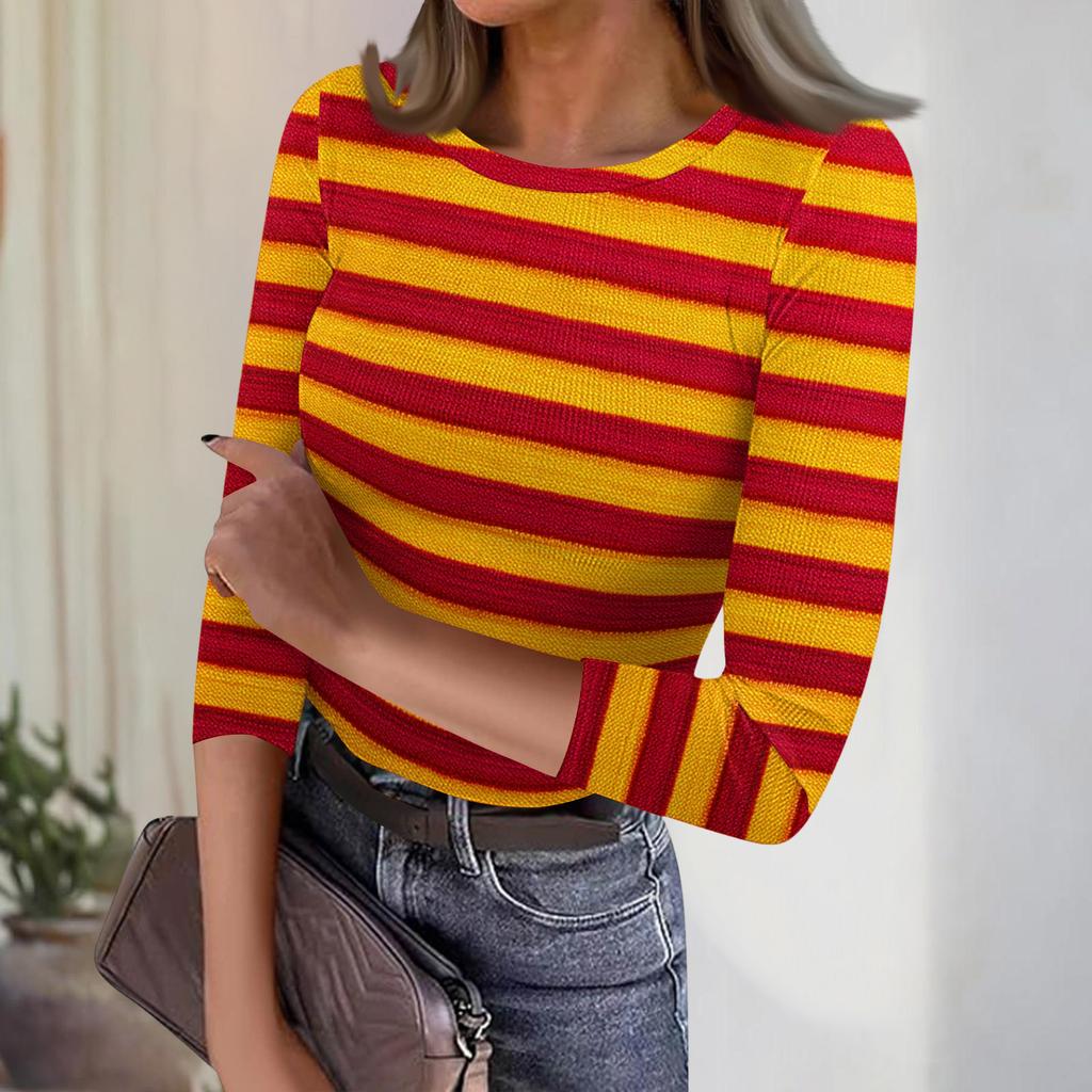 Женский повседневный модный топ в полоску с круглым вырезом и рукавами три четверти, в рубчик