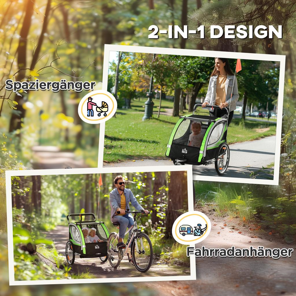2 In 1 Bicycle Trailer For 2 Children Push Function Rain Cover Brake Green