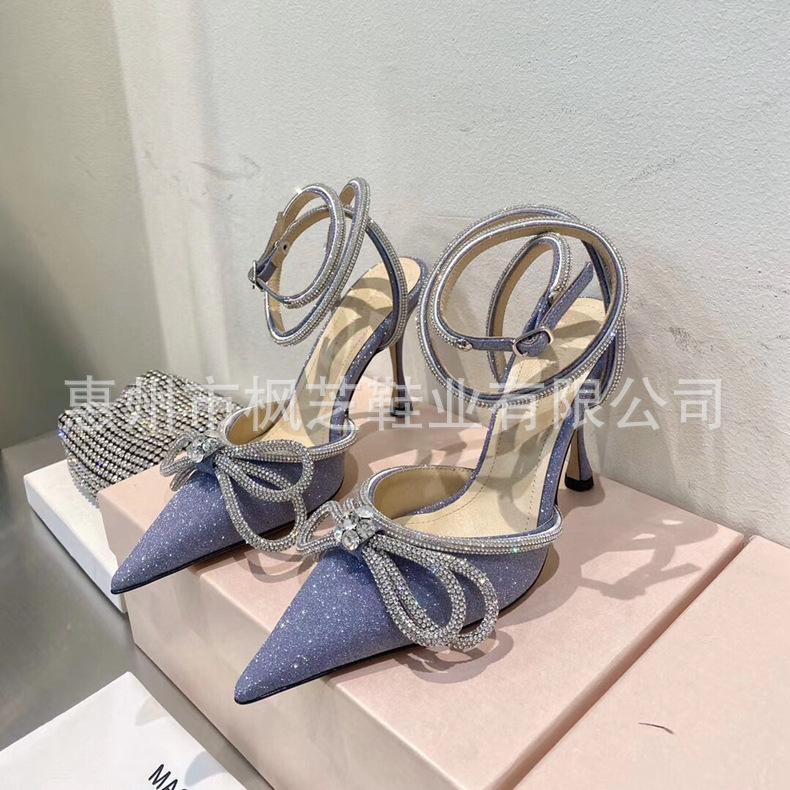 Европейские и американские туфли на высоком каблуке 2025 новые женские туфли с бантом стразы с острым носком ремешки тонкий каблук супер высокий каблук