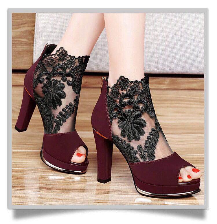 2025 лето новые европейские и американские босоножки с толстым каблуком и кружевом «рыбий рот» женские от производителя