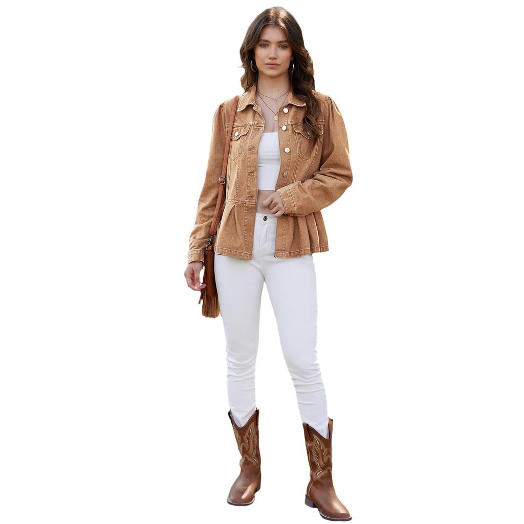 Women's Trendy Denim Jacket with Ruffle Trim, Fitted Waist and Multi-Pocket Utility