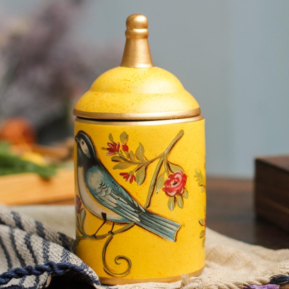Ceramic American Rustic Style Tea Canister Vintage Bird Printing Candy Pot Moisture-proof Kitchen Storage Tank Gift