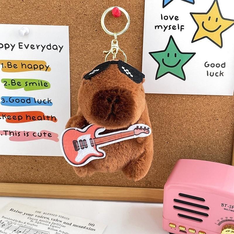 Green Guitar Capybara Plush Toy Short Fur Musical Student Backpack Keychain Cute Collectible Gift