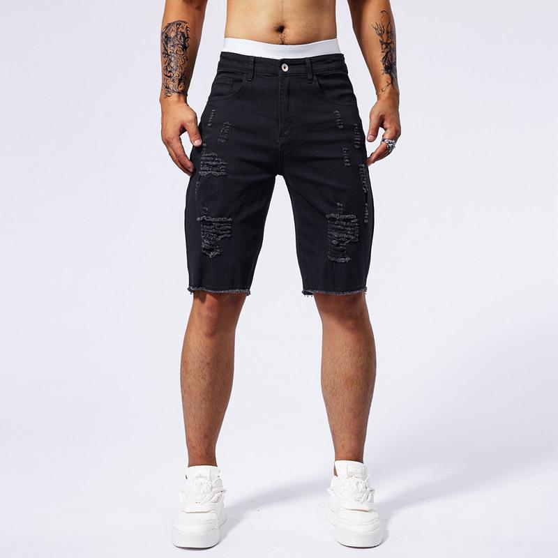 Men's Slim Fit Summer Denim Shorts with Distressed Five-Point Design