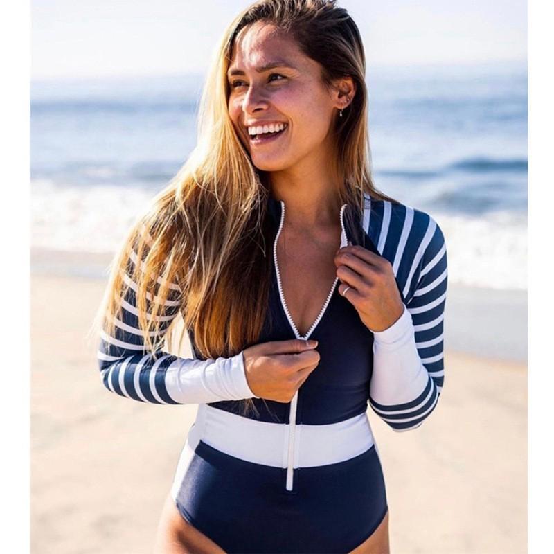 Womens Long Sleeve Rash Guard Swimsuit With Striped High Elasticity UV Protection Surfing Diving Wetsuit