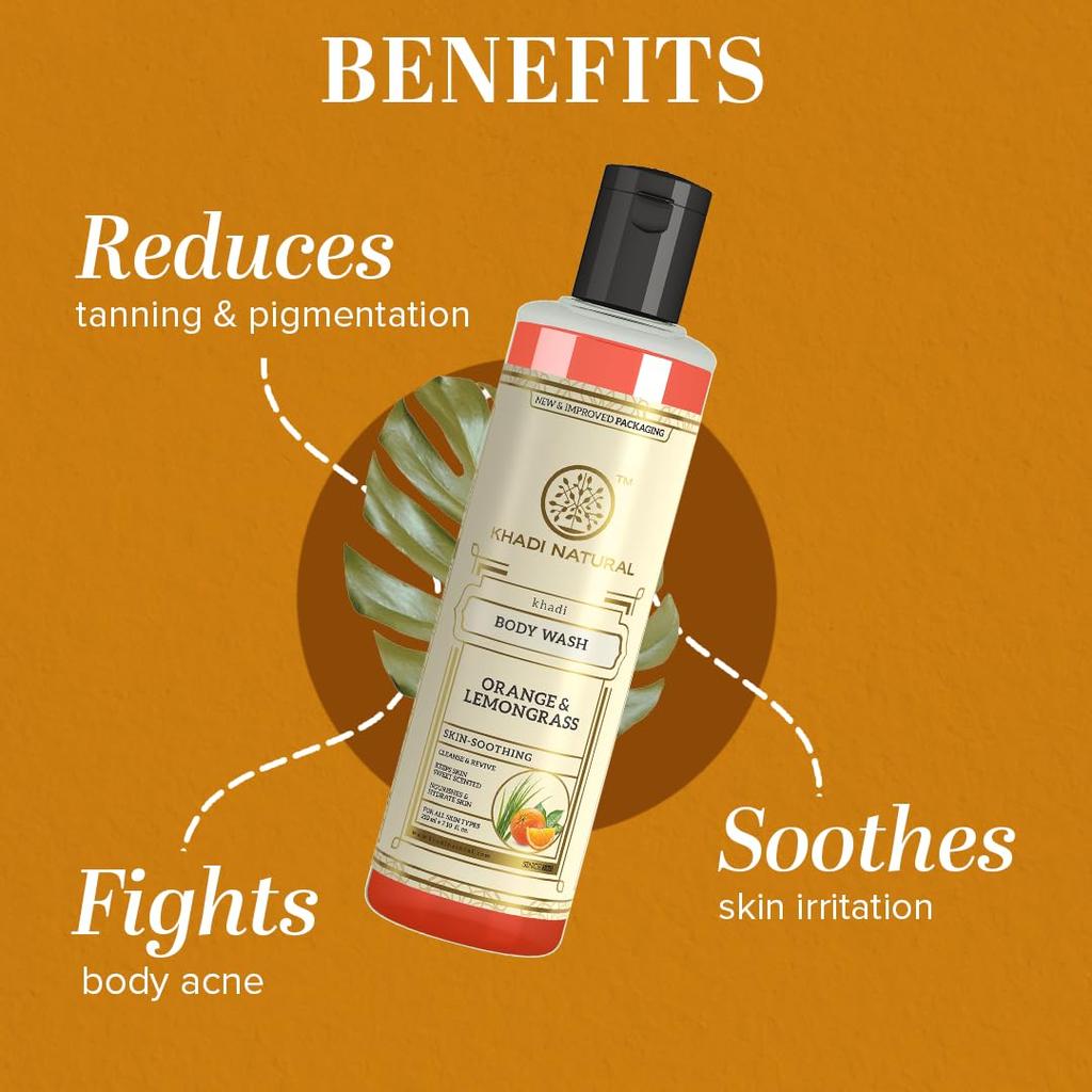KHADI NATURAL Травяной гель для душа с апельсином и лемонграссом 210 мл, 1 шт. для всех типов кожи, Нежный очищающий гель для душа