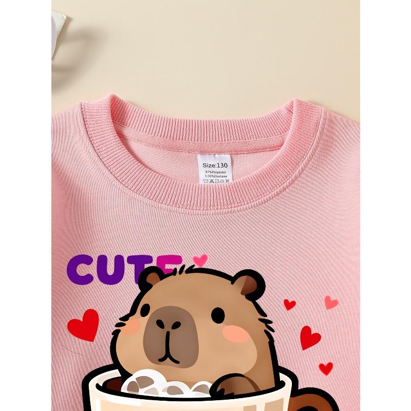 Cute Bear In Coffee Cup with Hearts 2026 New Girls' Long-sleeve Casual Crewneck Sweatshirt, Suitable for Outdoor Sports