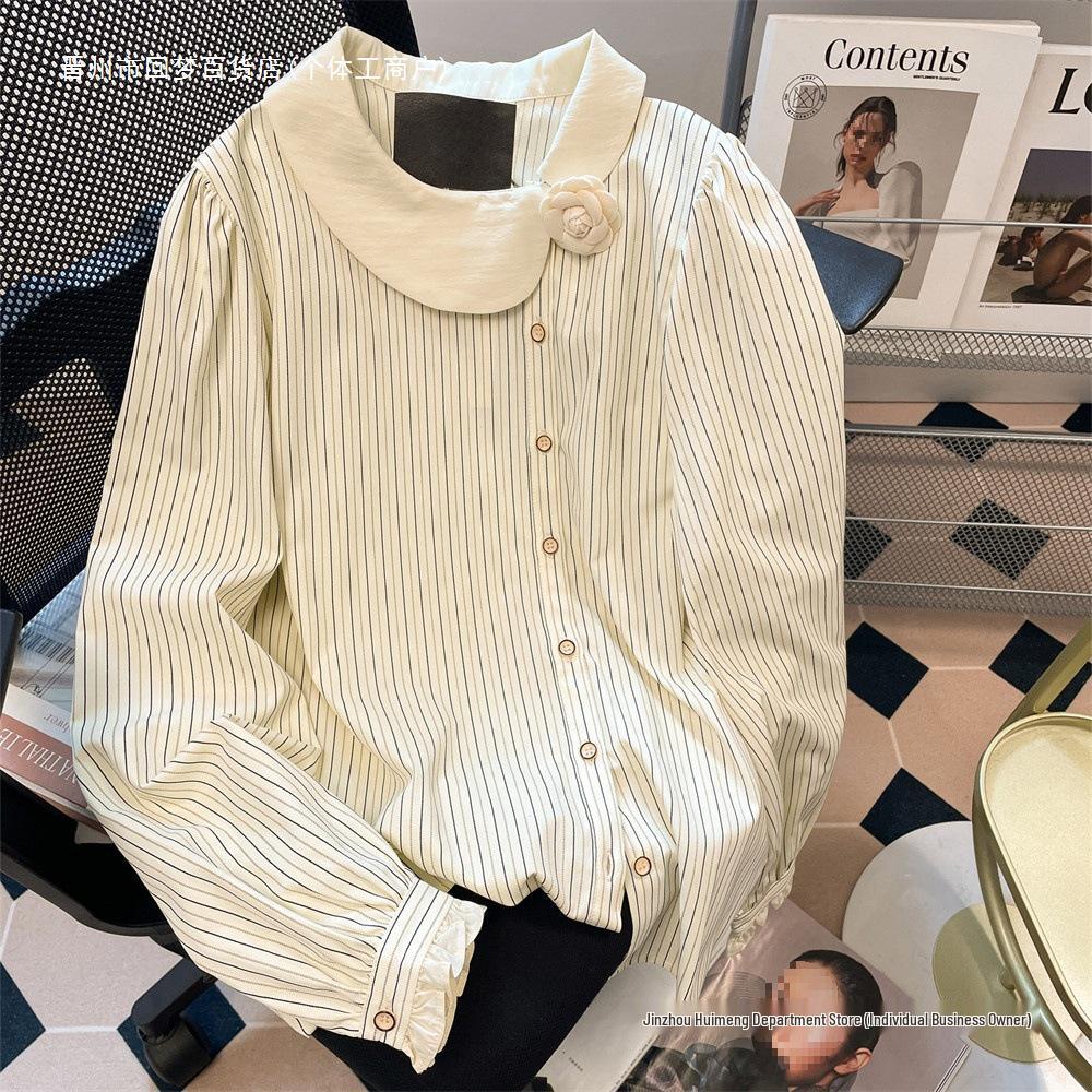 Spring Autumn French Striped Long Sleeve Shirt with Floral Pattern for Women