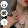 Gothic Black Spider Pendant Necklace Earrings for Women Green Crystal Rings Halloween Accessories Punk Party Zircon Set Gifts