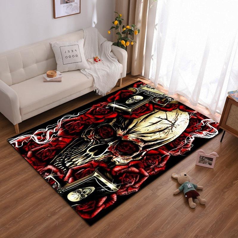 Skull with Red Roses and Guns Design Carpet, Gothic Art Style Decor Suitable for use as an anti-slip for living room bedroom sofas