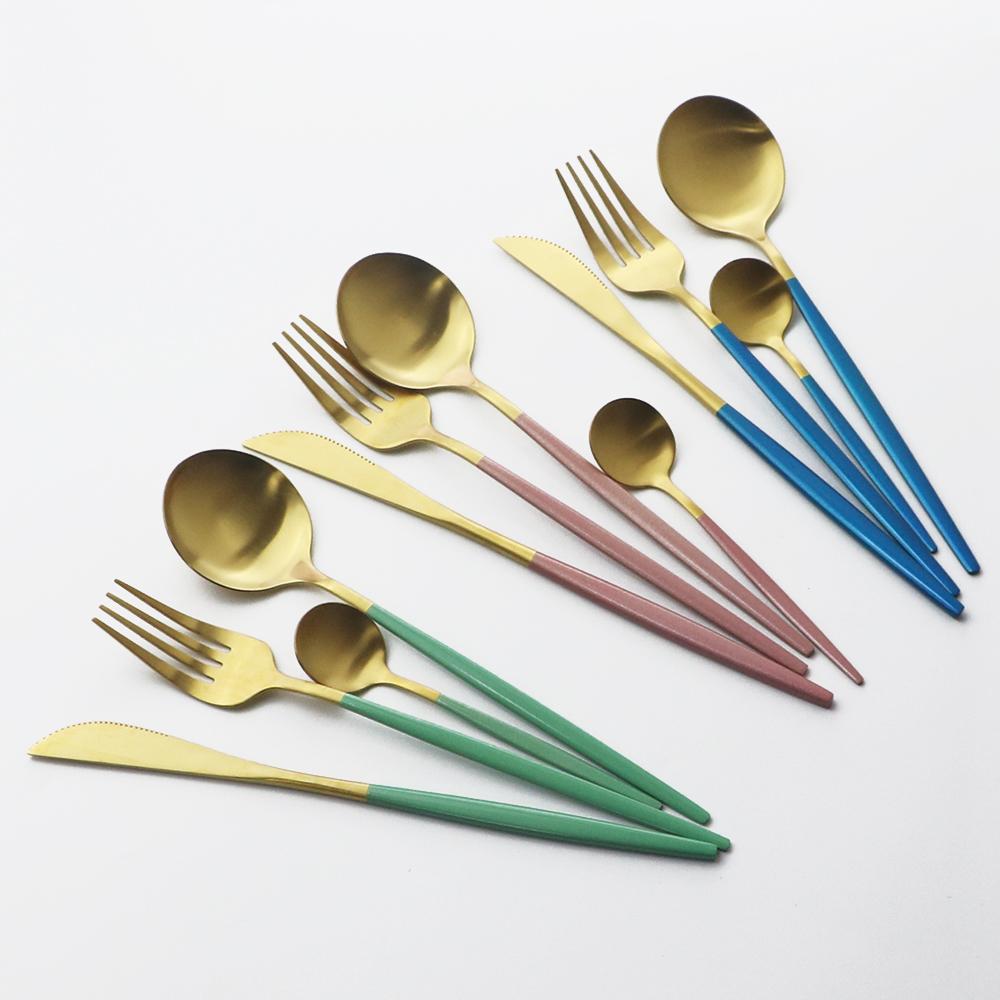 4Pcs Pink Gold Dinnerware Set Blue Gold Matte Cutlery Set Stainless Steel Tableware Set Fork Knife Spoon Silverware Flatware Set