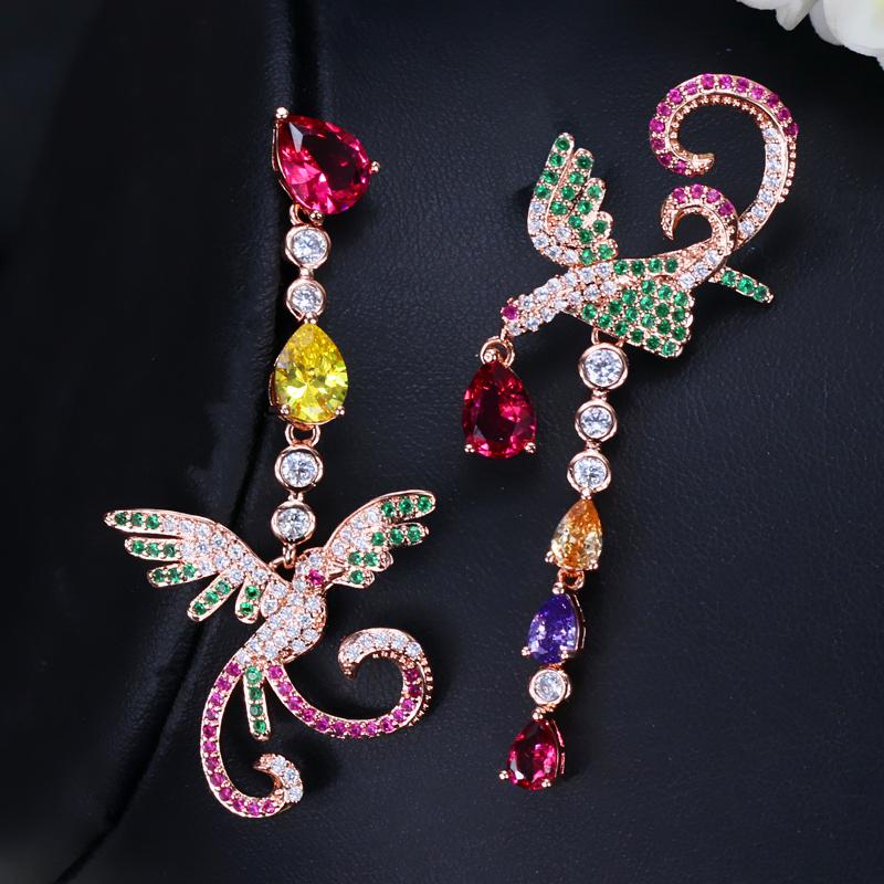 WWJ Уникальные разноцветные красные и зеленые длинные серьги-подвески с фианитами для женщин с изображением Феникса