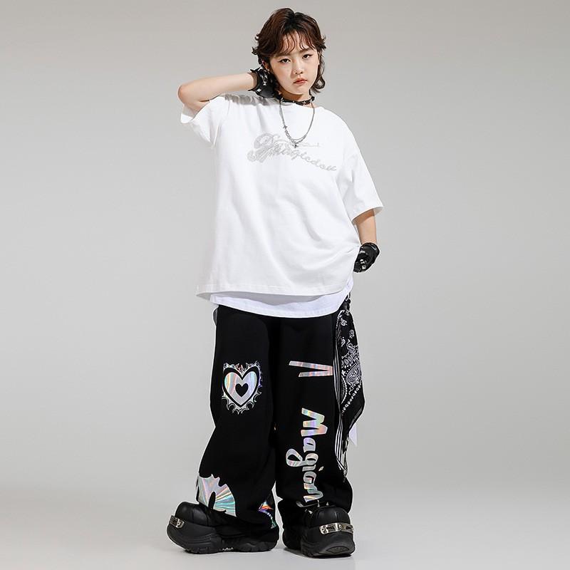 Kids Hip Hop Dance Outfit Set - White Sparkle Short Sleeve Top Black Reflective Print Pants Boys Girls Performance Streetwear