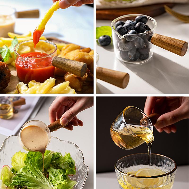 Mini Glass Milk Cup Small Coffee Cup Milk Pitcher Creamer Jug Wood Handle Espresso Shot Glass Kitchen Sauce Cup Gravy Boat
