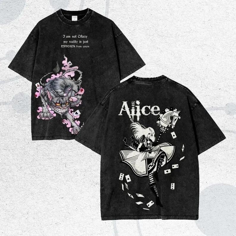 Alice Madness Returns Выстиранная футболка для пар Плюс размер Унисекс Одежда с индивидуальностью Одежда на весь год Классическая Высокое качество Мягкая
