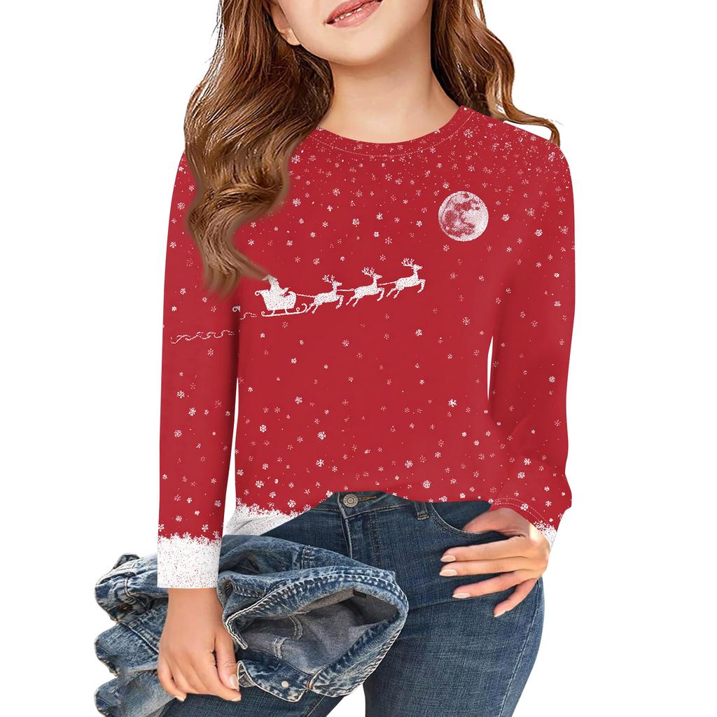 Рождественские футболки с длинным рукавом для девочек, детские осенние топы с круглым вырезом и принтом, базовые футболки