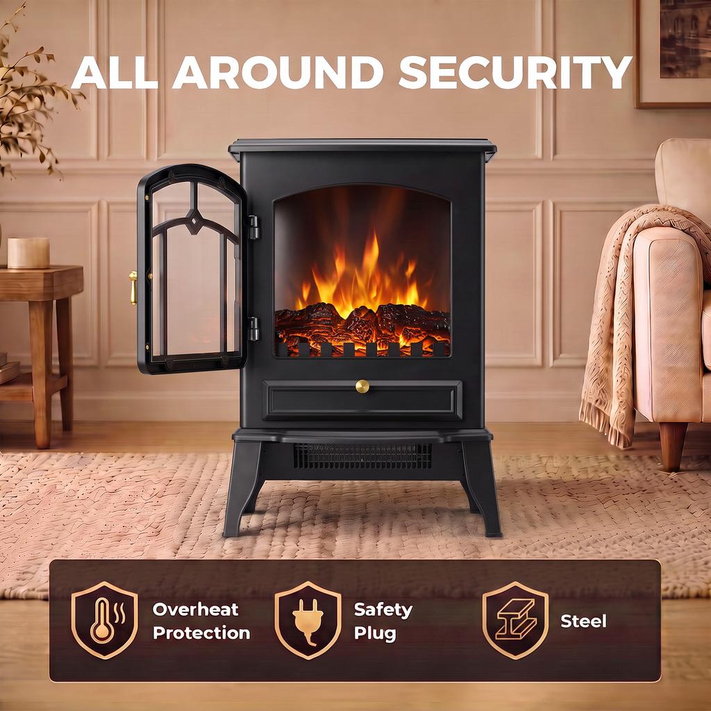 Electric Fireplace Stove, 1000/2000W 3-Sided Freestanding Fireplace Heater with 3D Flame Log, Thermostat, Black