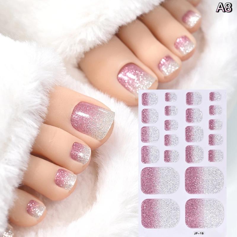 22Pcs/Sheet Toe Nail Sticker Wraps Solid Color Glitter Full Cover Toenail Polish Strips Waterproof No Bake Nail Decals