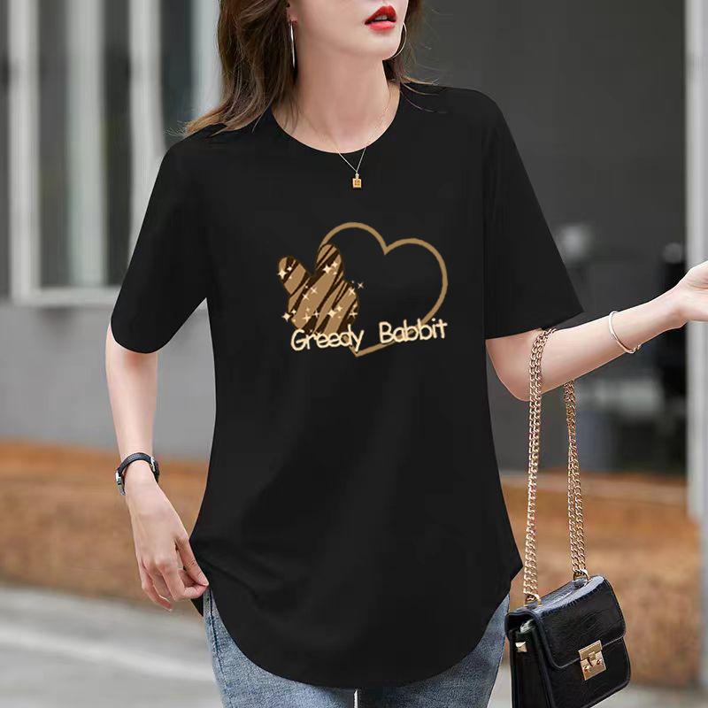 T-shirt Loose Top Black Cotton Round Neck Short Sleeve Women's Summer Curved Hem Split Fork Medium and Long Butt Cover