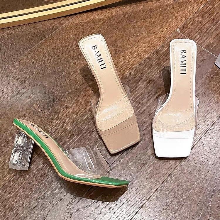 Односложные тапочки для женщин, летняя одежда 2025 года, новые квадратные головки, хрустальные, толстые, прозрачные, сексуальные, на высоком каблуке, классные тапочки для женщин