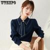 Brand Women's Design Sense Niche Trend Lapel Shirt Long Sleeve Temperament Versatile Tie Cotton Shirt Bottoming Tops