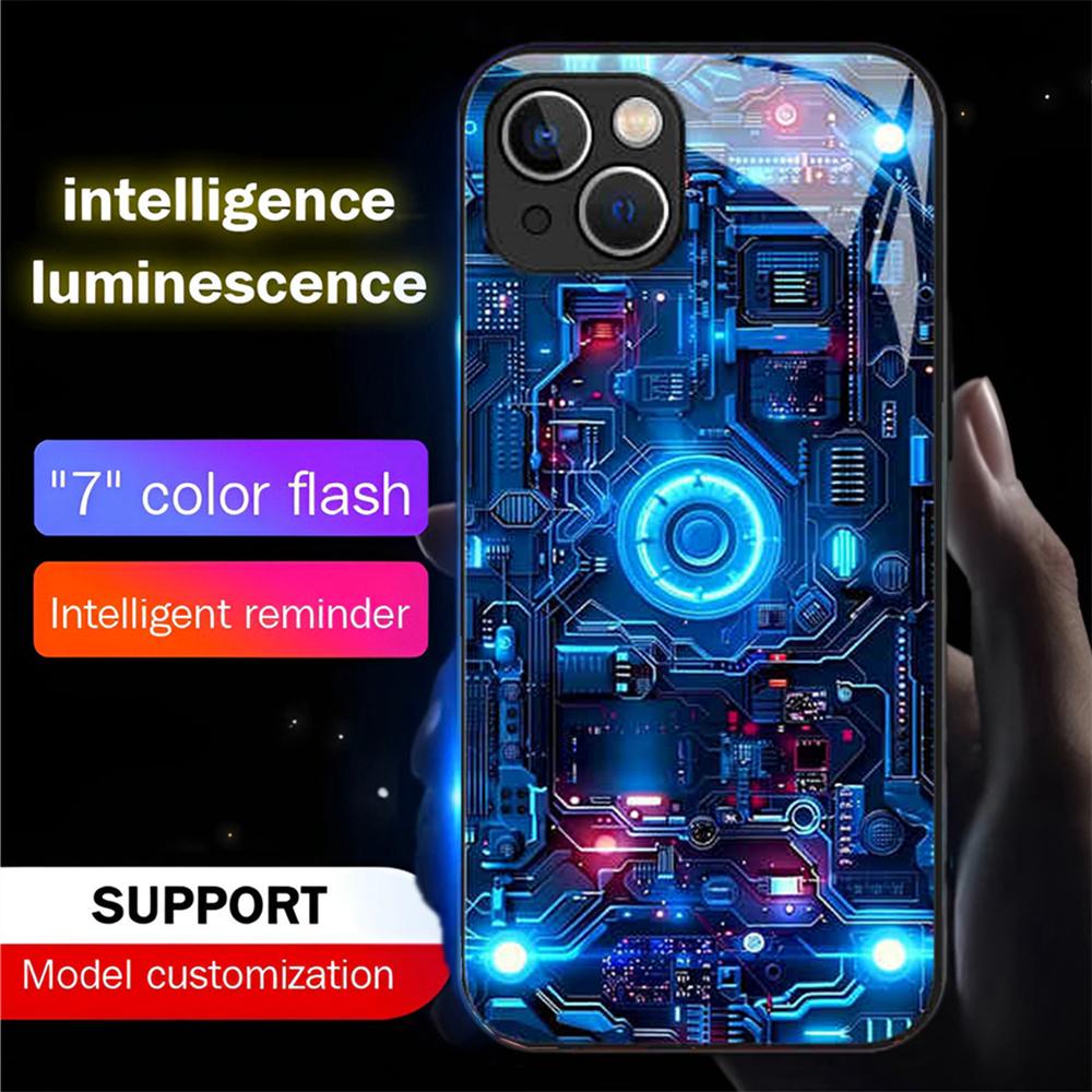 Luxury Blue Chip Pattern Luminous Glass LED Call Light Up Flash Phone Case Cover For iPhone Air 17 16 E 15 14 13 12 Pro Max Plus