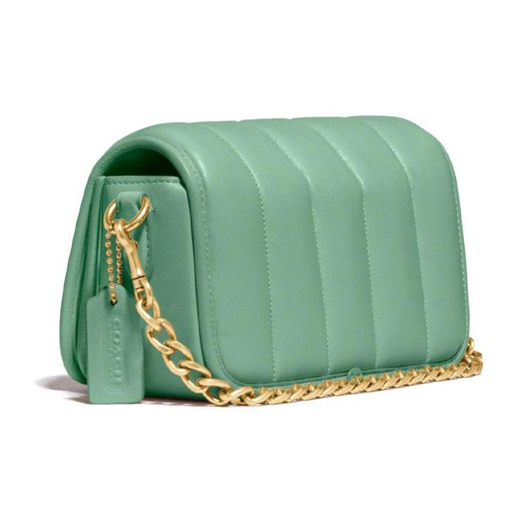 Coach Dinky 18 Модная Повседневная Стеганая Сумка на Клапане Плечевая Сумка Кросс-боди из Кожи Ягненка Маленькие Женские Сумки Макаронно-Зеленый C3843-B4OFU