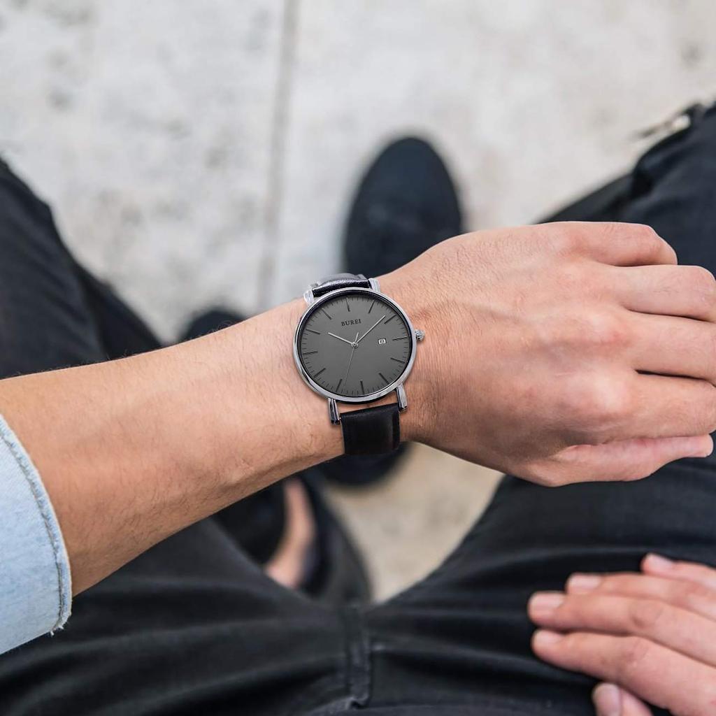 BUREI Men's Slim Watch, Popular and Stylish, Date Display, Large Dial, Analog Quartz Movement, Simple Design, Waterproof, Black Leather, Imported