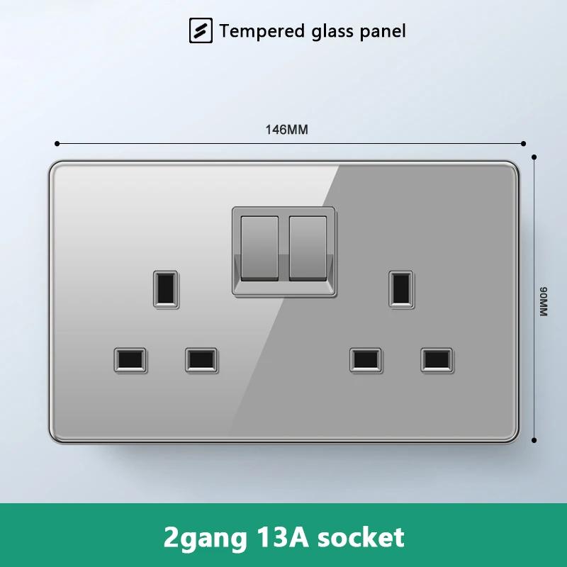 UK 13A Wall Socket with Type-C 18W Fast Charging Plug Socket,Glass Panel Power Double Universal Outlet with Quick USB C Charge