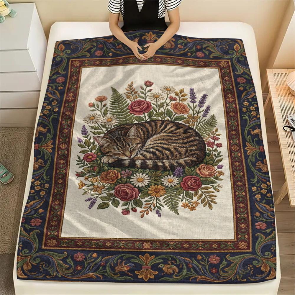 Cat Flower Print Flannel Blanket, High quality Comfortable for All Seasons, Home Decor, Warmth and Comfort, Perfect for Christmas Gifts44