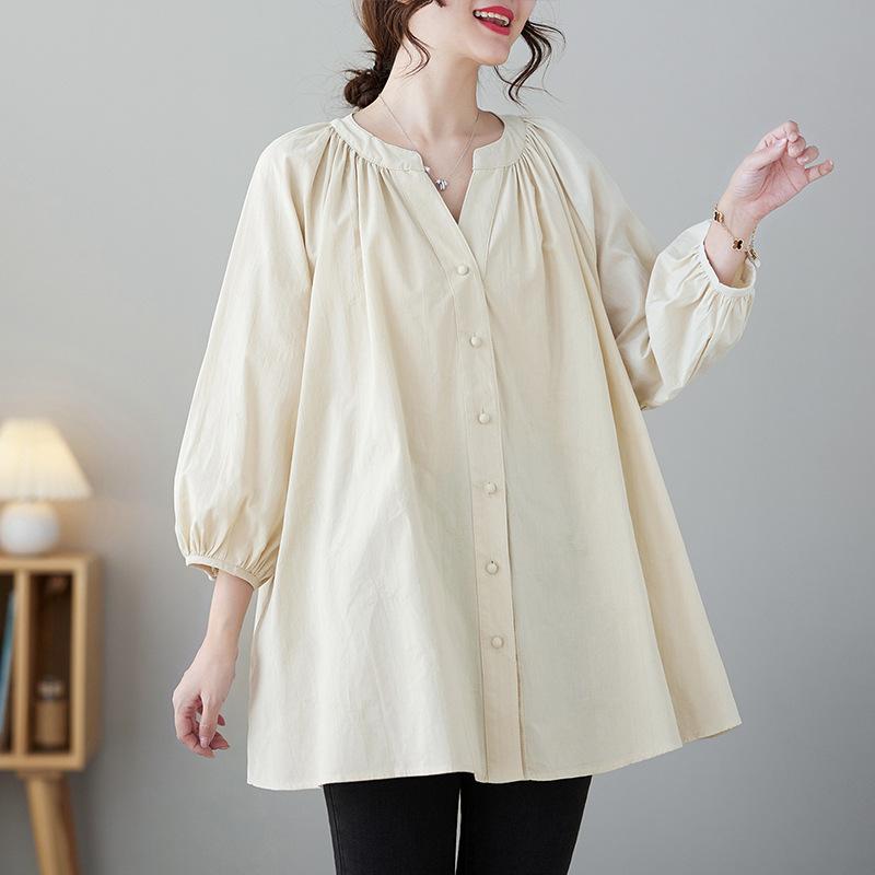 Весенне-летняя женская однотонная рубашка с v-образным вырезом и рукавами-фонариками, хлопково-льняная рубашка больших размеров